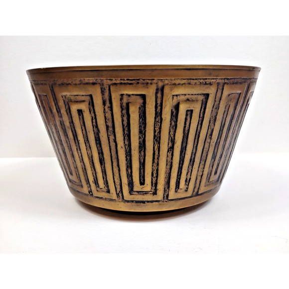 Vintage Solid Brass Heavy Jardineer Planter Urn Pot 9" Geometric Pattern Moorish - Picture 9 of 10